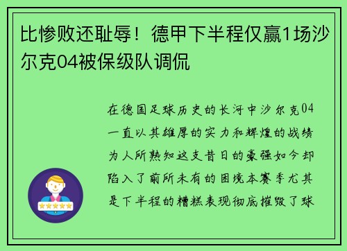 比惨败还耻辱！德甲下半程仅赢1场沙尔克04被保级队调侃